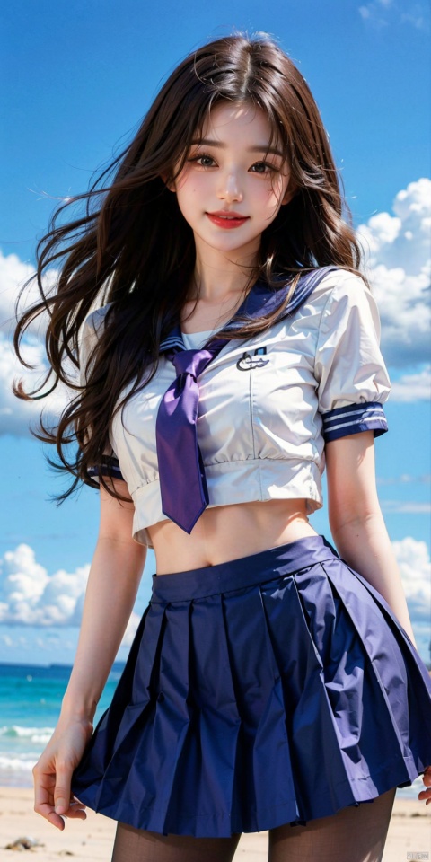 (Good structure), DSLR Quality,Depth of field,kind smile,looking_at_viewer,Dynamic pose,,
,Blue sky and white clouds on the beach,(high-detail skin) , 8K ultra-hd, , high quality, high resolution,(photo realistic: 1.3) 
, sailor senshi uniform,purple bow,purple necktie,purple sailor collar,purpleskirt,black pantyhose, ,, 1girl,  zhangyuanying