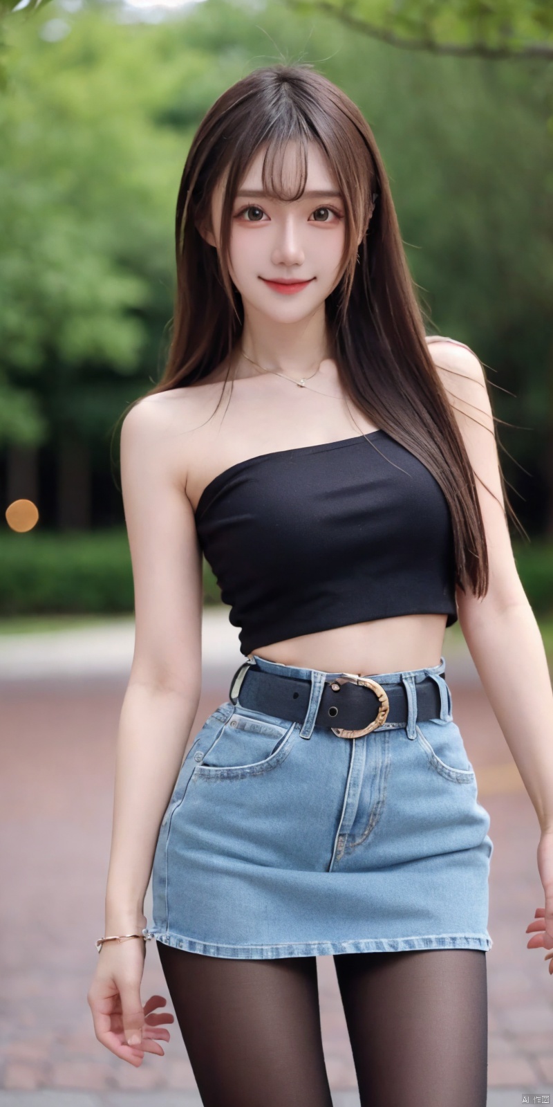  best quality, masterpiece, cowboy_shot,(Good structure), DSLR Quality,Depth of field,kind smile,looking_at_viewer,Dynamic pose,
 1girl, 3d, bare_shoulders, belt, blurry, blurry_background, blurry_foreground, branch, , , , collarbone, cosplay_photo, denim, denim_skirt, depth_of_field, , lips, long_hair, looking_at_viewer, midriff, miniskirt, motion_blur, navel, outdoors, photo_\(medium\), realistic, skirt, solo, standing, tree, , , , blackpantyhose, , , , , futuaner