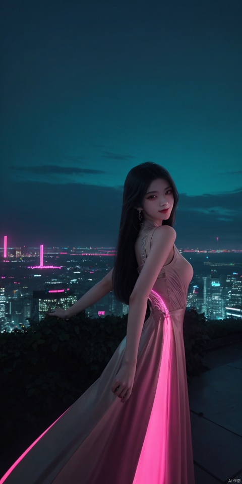 best quality, masterpiece, realistic,full_body,(Good structure), DSLR Quality,Depth of field,kind smile,looking_at_viewer,Dynamic pose, 
 neonpunk style Neon noir leogirl,hANMEIMEI,realistic photography,,On the rooftop of a towering skyscraper,a girl stands,facing the camera directly. Behind her,a multitude of skyscrapers stretches into the distance,creating a breathtaking urban panorama. It's the perfect dusk moment,with the evening sun casting a warm glow on the girl's face,intensifying the scene's impact. The photo captures a sense of awe,with the sharpness and realism making every detail vivid and clear,Hair fluttered in the wind,long hair,halterneck, . cyberpunk, vaporwave, neon, vibes, vibrant, stunningly beautiful, crisp, detailed, sleek, ultramodern, magenta highlights, dark purple shadows, high contrast, cinematic, ultra detailed, intricate, professional, ,, ,jinpinger