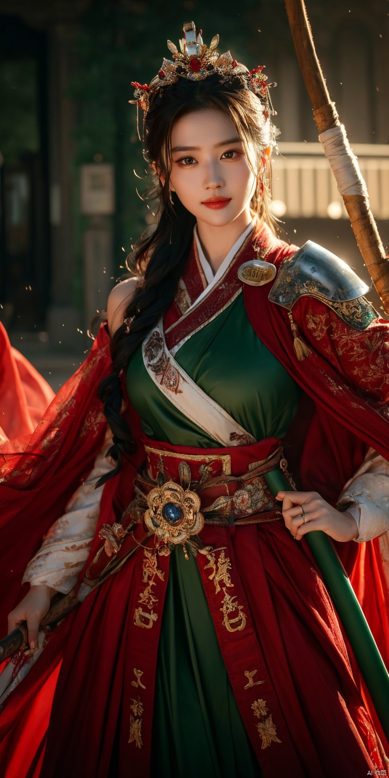 best quality, masterpiece, realistic,cowboy_shot,(Good structure), DSLR Quality,Depth of field,kind smile,looking_at_viewer,Dynamic pose, 
, 1girl,Wearing a jade crown, shining silver armor, a. Treading towards the sky with   tendon boots; Wearing a crimson cloak on her shoulders, carrying a three foot green blade on her waist, and carrying an iron tire bow on her back, coupled with her tall figure and resolute expression,Facing the camera, liuyifei,  