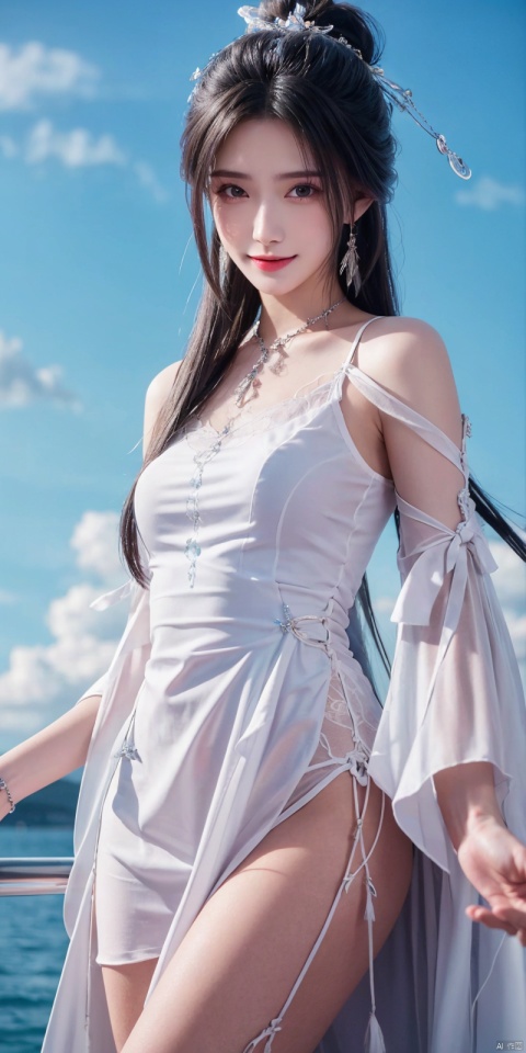  best quality, masterpiece, realistic, ,(Good structure), DSLR Quality,Depth of field,kind smile,looking_at_viewer,Dynamic pose, 
1girl, solo, long hair, , looking at viewer, blush, , bangs, blue eyes,, dress, bow, , bare shoulders, jewelry, very long hair, collarbone, ponytail, white hair, hair bow, thighs, outdoors, sky, sleeveless, day, cloud, water, necklace, white dress, hair over one eye, bracelet, blue sky, blue bow, wading, pendant, doll, skirt hold, rainbow, anastasia \(fate\), ,  ,  , luxueqi