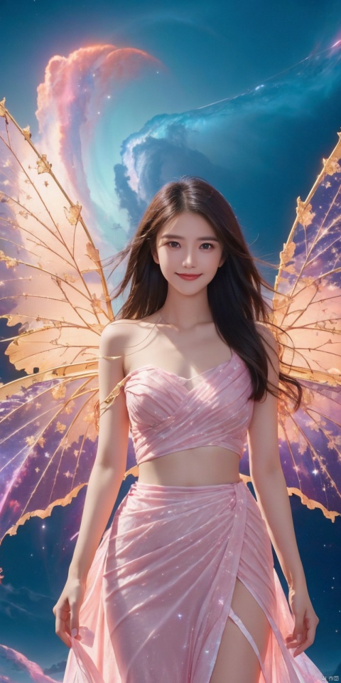  (Good structure), DSLR Quality,Depth of field,kind smile,looking_at_viewer,Dynamic pose, 1girl, wings, solo, nebula wings, , long hair, navel, dress, pink wings, looking at viewer, star \(sky\), , , bare shoulders, sky, starry sky, collarbone, realistic, nebula,,, , xuancaiqun, , , yuanyuan