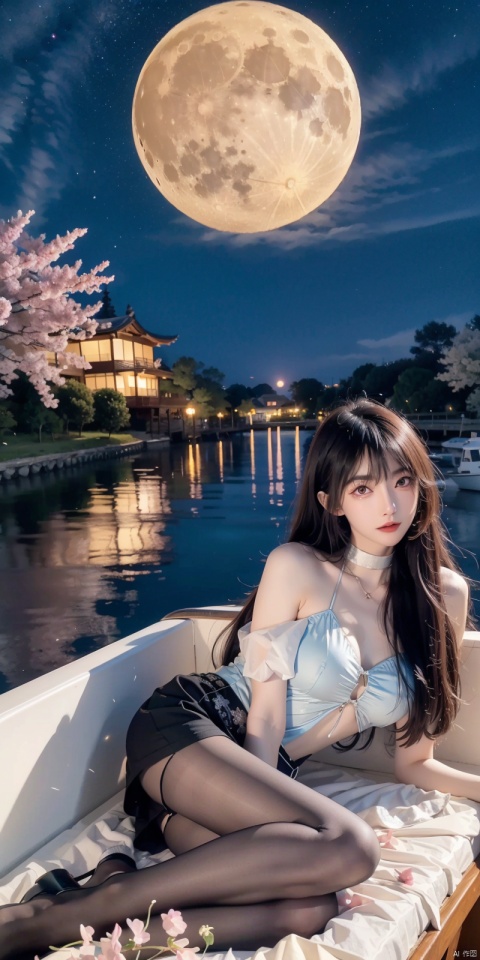  A young girl lying comfortably on a boat, looking up at the starry night sky filled with colorful flowers surrounding the boat, reflecting the bright moon on the lake surface, distant cherry blossom scenery in the background, medium and long distance view, deep depth of field, detailed details. High resolution image, vivid colors, dreamy atmosphere, romantic scene, beautiful night sky, blooming flowers, reflection of the moon on the lake, distant cherry blossoms, serene environment, peaceful mood, starry sky, flower decoration, boat ride, comfortable position, young girl's innocence, tranquility., eluosi, blackpantyhose, qiqiu, fangfang
