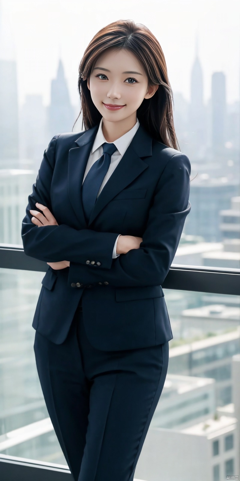  best quality, masterpiece, cowboy_shot,(Good structure), DSLR Quality,Depth of field,kind smile,looking_at_viewer,Dynamic pose, 
Modern businesswoman, dressed in a sleek suit and tie, posing confidently in a modern office setting, cityscape view through the window, focused expression, powerful pose, professional attire, realistic lighting, sharp focus.,linzhilin,