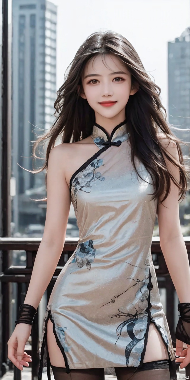  best quality, masterpiece, cowboy_shot,(Good structure), DSLR Quality,Depth of field,kind smile,looking_at_viewer,Dynamic pose, 
,,, (high definition: 1.0), (HD: 1.0), , (ultra resolution: 1.0), (4K: 1.0), (photorealistic: 1.0), (realistic: 1.0), , (professional photography: 1.0), (DSLR quality: 1.0), , (detailed: 1.0), (sharp focus: 1.0), , (masterpiece: 1.2), (epic shot: 1.2),
 Cinematic, , Natural lighting, , solo, 1girl,Wind, flowing hair, kind smile, , pose for picture, Dynamic pose, looking_at_viewer,
A young model in Chinese dress poses with her arms leisurely, in front of divine light with silhouette light illuminating the edges of the long curly hair, snowflake, outdoors,
Excellent skin texture, gaze deeply, cheerful atmosphere, in the style of eye-catching resin jewelry, matte photo, minimalist beauty, meticulous linework precision, The background is a bustling city,High resolution,8K, neo-chinese style, huayu, 1girl,police,thighhighs, , , , Detail, china dress, blackpantyhose, , dress, , , ,qingyi, sufei