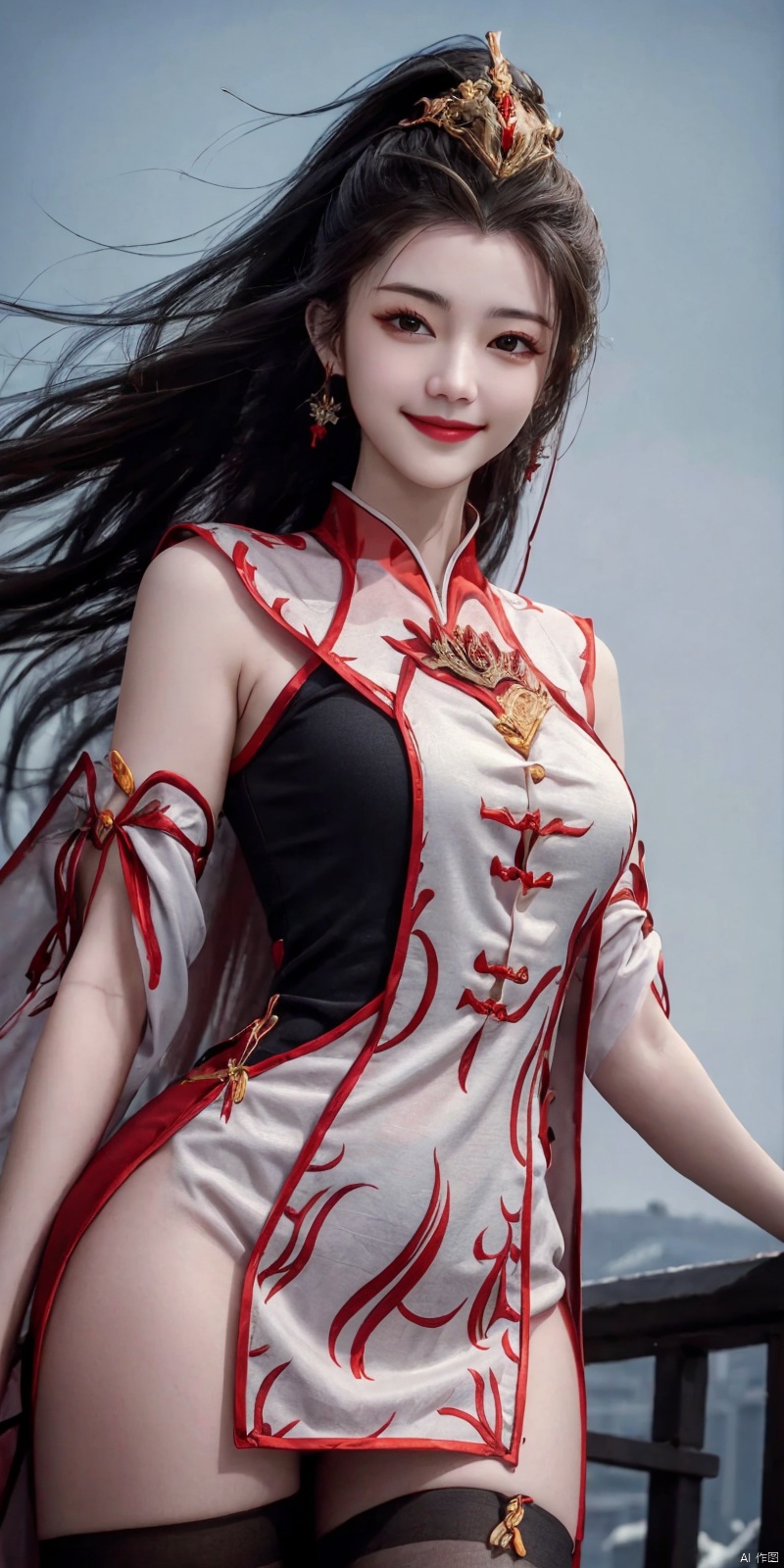  best quality, masterpiece, cowboy_shot,(Good structure), DSLR Quality,Depth of field,kind smile,looking_at_viewer,Dynamic pose, 
,,, (high definition: 1.0), (HD: 1.0), , (ultra resolution: 1.0), (4K: 1.0), (photorealistic: 1.0), (realistic: 1.0), , (professional photography: 1.0), (DSLR quality: 1.0), , (detailed: 1.0), (sharp focus: 1.0), , (masterpiece: 1.2), (epic shot: 1.2),
 Cinematic, , Natural lighting, , solo, 1girl,Wind, flowing hair, kind smile, , pose for picture, Dynamic pose, looking_at_viewer,
A young model in Chinese dress poses with her arms leisurely, in front of divine light with silhouette light illuminating the edges of the long curly hair, snowflake, outdoors,
Excellent skin texture, gaze deeply, cheerful atmosphere, in the style of eye-catching resin jewelry, matte photo, minimalist beauty, meticulous linework precision, The background is a bustling city,High resolution,8K, neo-chinese style, huayu, 1girl,police,thighhighs, , , , Detail, china dress, blackpantyhose, , dress, , ,  , jiujiu