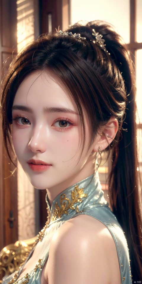  , best quality, 8K, HDR, highres, absurdres:1.2, blurry background, bokeh:1.2, Photography, (photorealistic:1.4), (masterpiece:1.3), (intricate details:1.2), 1girl, solo, delicate, (detailed eyes), (detailed facial features), petite,skin tight, (looking_at_viewer), from_front, (skinny), (lipgloss, caustics, Broad lighting, natural shading, 85mm, f/1.4, ISO 200, 1/160s:0.75),dress, , ((poakl)),Light master,,nalanyanran,ponytail,kind smile,