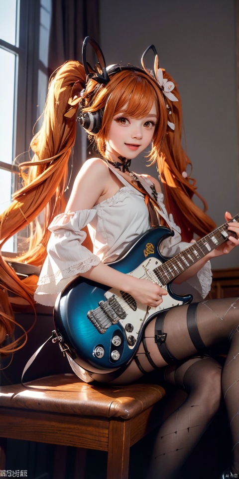  (Good structure),cowboy_shot,solo, 1girl, long hair, ,, thighhighs, very long hair, 
(masterpiece), (best quality), illustration, ultra detailed, hdr, Depth of field, (colorful), loli, 1girl, instrument, solo, long hair, very long hair, detached sleeves, sitting, neck ribbon, headphones, ribbon, high heels, playing instrument, guitar,holding, music, , holding instrument, petals, open mouth, bare shoulders, hair between eyes, stool,looking at viewer, hair ornament, nail polish,electric guitar, smile, ((poakl)), blackpantyhose, anqila,anqila,orange hair,twintails,yelloweyes