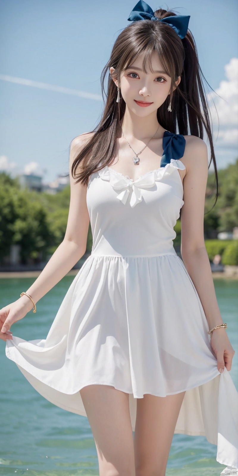  best quality, masterpiece, realistic, ,(Good structure), DSLR Quality,Depth of field,kind smile,looking_at_viewer,Dynamic pose, 
1girl, solo, long hair, breasts, looking at viewer, blush, , bangs, blue eyes,, dress, bow, , bare shoulders, jewelry, very long hair, collarbone, ponytail, white hair, hair bow, thighs, outdoors, sky, sleeveless, day, cloud, water, necklace, white dress, hair over one eye, bracelet, blue sky, blue bow, wading, pendant, doll, skirt hold, rainbow, anastasia \(fate\),
wangyushan,