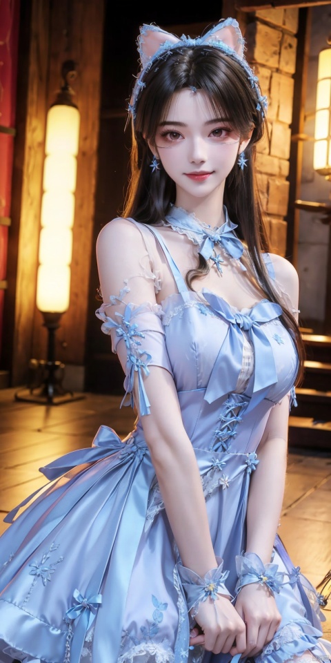 best quality, masterpiece, realistic,cowboy_shot,(Good structure), DSLR Quality,Depth of field,kind smile,looking_at_viewer,Dynamic pose, 
, ,(wariza),,Girl, bare shoulders, , boobs, bow tie, ,purple eyes, cat ears, collar, ((Lolita Dress: 1.4)) , blue and white Lolita dress, wrinkled leg outfit, hand-held, lips, nose, shoulders, , alone, long_hair, kind smile, looking at the audience, white leg costume, wrist cuffs, 1girl,,looking_at_viewer, , lolidress ,xiaqingyue