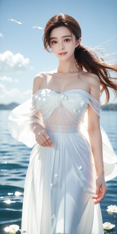  DSLR, depth of field, (1girl:1.2), , very long hair, low twintails, yellow eyes, light smile, looking at viewer, white shirt, white skirt, (flying white chiffon:1.5), bare shoulder, (flying blue petals:1.2), (standing above water surface), sky background, (cloud:1.2), white bird, floating water drops, (white border:1.2) , 
backlight, , jujingyi, taoist robe, ll-hd,(((large breasts)), depth of field,, ((poakl)),  fanbing