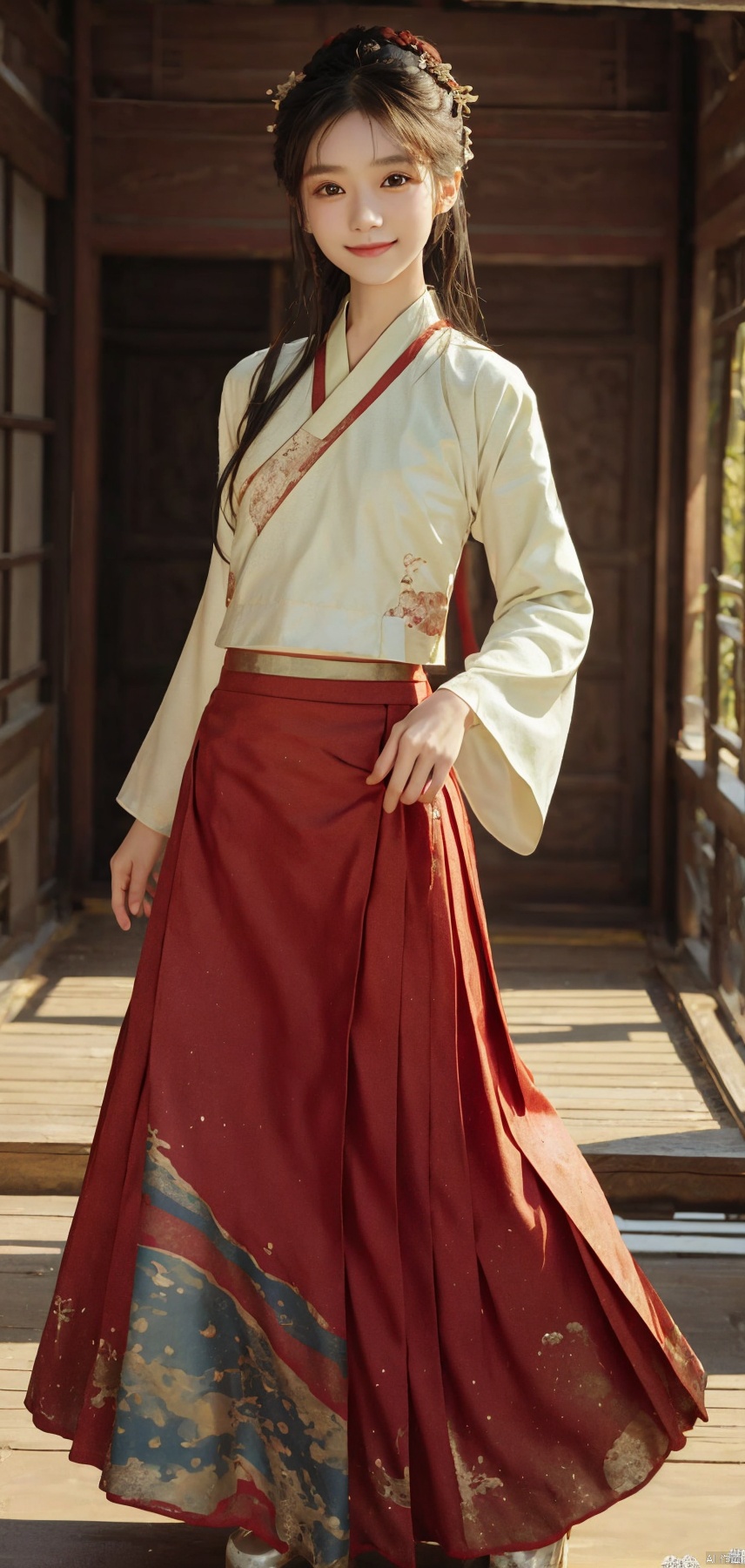 best quality, masterpiece, realistic,cowboy_shot,(Good structure), DSLR Quality,Depth of field,kind smile,looking_at_viewer,Dynamic pose, 
1girl,lianmo,chinese clothes,dress,skirt,long skirt,red skirt,long sleeves,hanfu,hakama skirt,mamianqun,