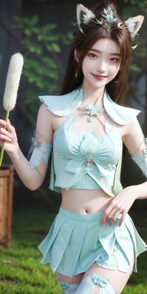 best quality, masterpiece, realistic,cowboy_shot,(Good structure), DSLR Quality,Depth of field,kind smile,looking_at_viewer,Dynamic pose, 
1girl, solo, breasts, looking at viewer, blush, smile, short hair, skirt, brown hair, shirt, thighhighs, navel, holding, animal ears, bare shoulders, underwear, standing, panties, tail, yellow eyes, white shirt, thighs, cowboy shot, pleated skirt, small breasts,, sleeveless, midriff, black thighhighs, indoors, miniskirt, stomach, white panties, grin, crop top, animal ear fluff, bare arms, fox ears, sleeveless shirt, fox tail, halo, pantyshot, white skirt, fox girl, brown thighhighs, cheerleader, pom pom \(cheerleading\), crop top overhang, holding pom poms,  , , yanruyu