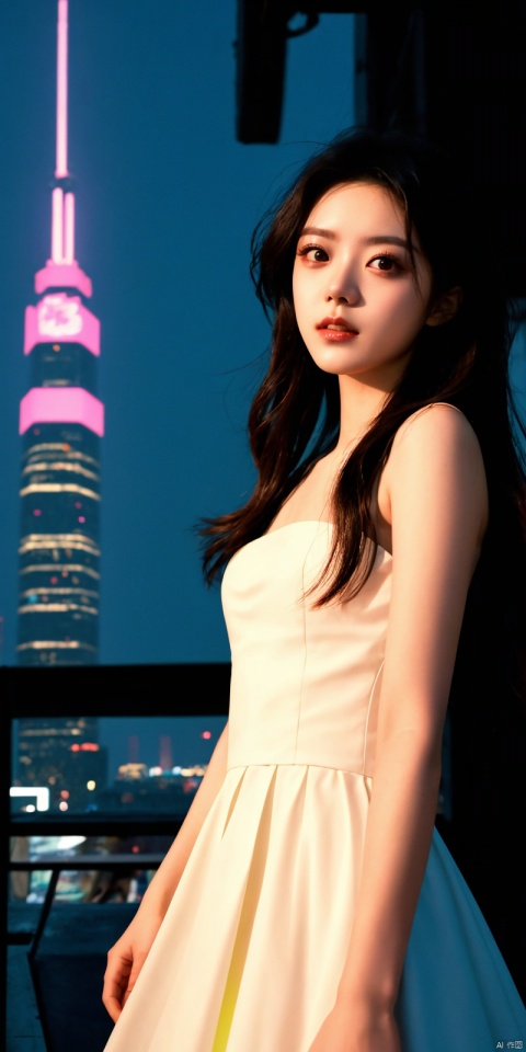  neonpunk style Neon noir leogirl,hANMEIMEI,realistic photography,,On the rooftop of a towering skyscraper,a girl stands,facing the camera directly. Behind her,a multitude of skyscrapers stretches into the distance,creating a breathtaking urban panorama. It's the perfect dusk moment,with the evening sun casting a warm glow on the girl's face,intensifying the scene's impact. The photo captures a sense of awe,with the sharpness and realism making every detail vivid and clear,Hair fluttered in the wind,long hair,halterneck, . cyberpunk, vaporwave, neon, vibes, vibrant, stunningly beautiful, crisp, detailed, sleek, ultramodern, magenta highlights, dark purple shadows, high contrast, cinematic, ultra detailed, intricate, professional, ((poakl)), Light master,, , jinmai