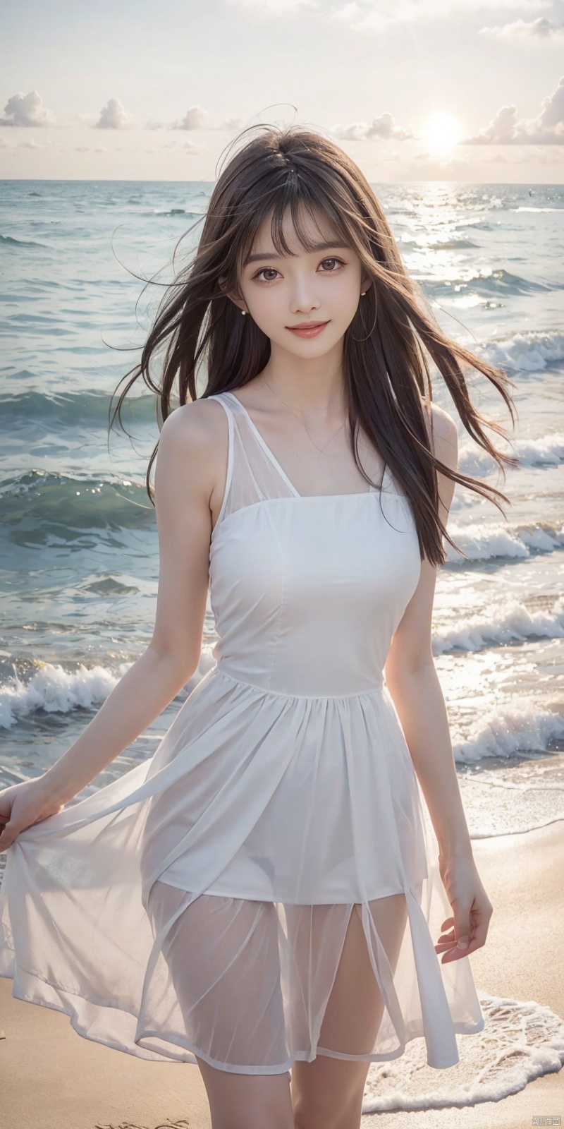  best quality, masterpiece, realistic, ,(Good structure), DSLR Quality,Depth of field,kind smile,looking_at_viewer,Dynamic pose, 
1girl, solo, looking at viewer, , ,, , bangs, black hair, dress, ribbon, bare shoulders, brown eyes, standing, collarbone, :d, outdoors, sky, sleeveless, cloud, signature, blunt bangs, water, white dress, bare arms, black ribbon, sleeveless dress, ocean, sunlight, wading, sunset, skirt hold, sun, horizon, sundress, see-through silhouette,wangyushan,