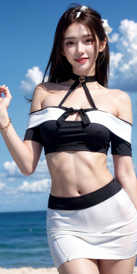  cowboy_shot,(Good structure), DSLR Quality,Short skirt,Blue sky, white clouds, ocean, nai3, 1girl, solo, crop top, , choker, navel, shirt, midriff, crop top overhang, looking at viewer, white shirt, jewelry, breasts, bare shoulders, off-shoulder shirt, off shoulder, black choker, thighs, stomach, long hair, bracelet, short sleeves, ribbon, hand up, collarbone, hair ribbon, medium breasts, , bra strap, , hair ornament, thigh gap, necklace, expressionless, , ,kind smile, , , nalanyanran