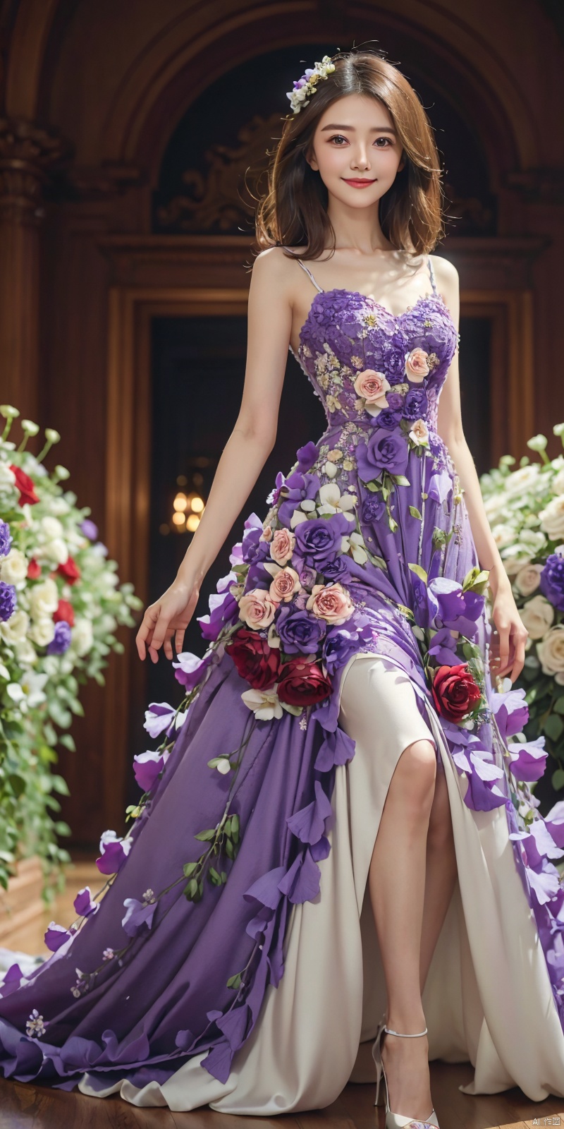 best quality, masterpiece, cowboy_shot,(Good structure), DSLR Quality,Depth of field,kind smile,looking_at_viewer,Dynamic pose, 

flower,purple rose,purple flower,hair flower,hair ornament,
, , weddingdress, , whitedress, ,, dress, yuanyuan,red dress