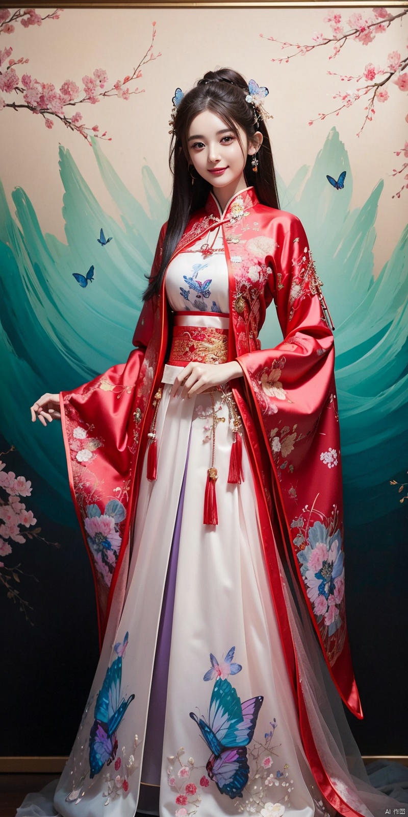  best quality, masterpiece, cowboy_shot,(Good structure), DSLR Quality,Depth of field,kind smile,looking_at_viewer,Dynamic pose, line art,line style,as style,best quality,masterpiece, The image features a beautiful anime-style illustration of a young woman. She has long black hair and is dressed in a traditional Chinese outfit. The outfit consists of a white top with blue and purple accents, a long skirt, and a butterfly-shaped mirror in her hand. She stands against a backdrop of a clear blue sky and a body of water, with butterflies fluttering around her. AI painting pure tag structure: anime, art, illustration, traditional clothes, blue, white, long hair, black hair, butterfly, mirror, sky, water,  , nazha, chineseclothes