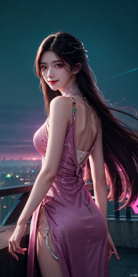  best quality, masterpiece, realistic,cowboy_shot,(Good structure), DSLR Quality,Depth of field,kind smile,looking_at_viewer,Dynamic pose, 
neonpunk style Neon noir leogirl,hANMEIMEI,realistic photography,,On the rooftop of a towering skyscraper,a girl stands,facing the camera directly. Behind her,a multitude of skyscrapers stretches into the distance,creating a breathtaking urban panorama. It's the perfect dusk moment,with the evening sun casting a warm glow on the girl's face,intensifying the scene's impact. The photo captures a sense of awe,with the sharpness and realism making every detail vivid and clear,Hair fluttered in the wind,long hair,halterneck, . cyberpunk, vaporwave, neon, vibes, vibrant, stunningly beautiful, crisp, detailed, sleek, ultramodern, magenta highlights, dark purple shadows, high contrast, cinematic, ultra detailed, intricate, professional, , , , , , dress, blue dress, ,  ,jinpinger