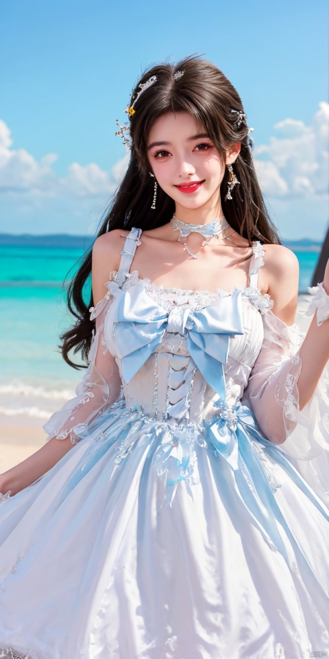  (Good structure), DSLR Quality,Depth of field,kind smile,looking_at_viewer,Dynamic pose, ,(wariza),,Girl, bare shoulders, , boobs, bow tie ,black eyes, collar, Blue sky, white clouds, beaches, seawater, crystal stones,((Lolita Dress: 1.4)) , blue and white Lolita dress, wrinkled leg outfit, hand-held, lips, nose, shoulders, , alone, long_hair, kind smile, looking at the audience, white leg costume, wrist cuffs, 1girl,,looking_at_viewer, , lolidress, qingyi