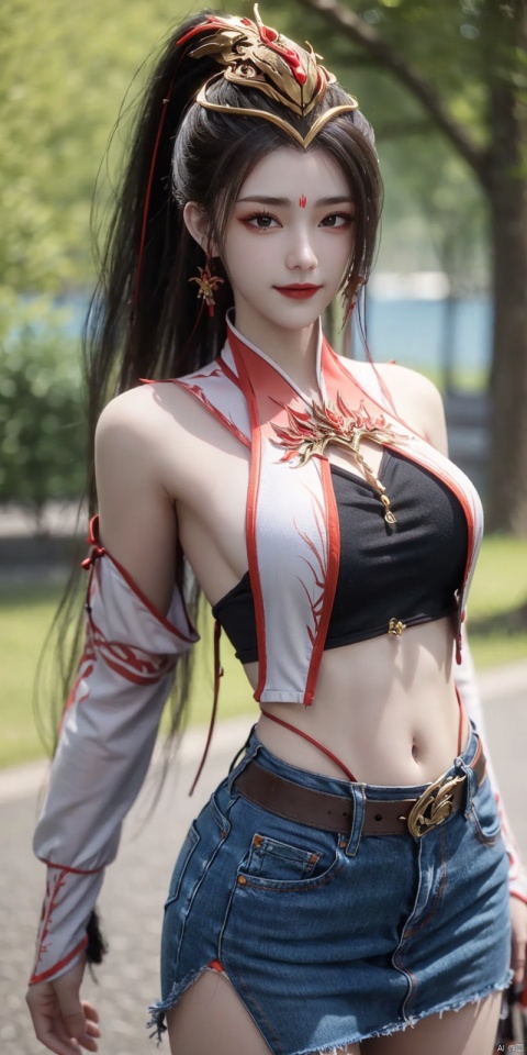 best quality, masterpiece, cowboy_shot,(Good structure), DSLR Quality,Depth of field,kind smile,looking_at_viewer,Dynamic pose,
 1girl, 3d, bare_shoulders, belt, blurry, blurry_background, blurry_foreground, branch, ,  , collarbone, cosplay_photo, denim, denim_skirt, depth_of_field, lips, long_hair, looking_at_viewer, midriff, miniskirt, motion_blur, navel, outdoors, photo_\(medium\), realistic, skirt, solo, standing, tree, ,  , jiujiu