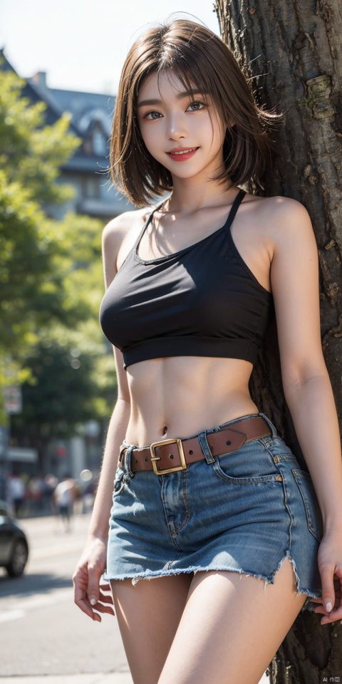  best quality, masterpiece, cowboy_shot,(Good structure), DSLR Quality,Depth of field,kind smile,looking_at_viewer,Dynamic pose,
 1girl, 3d, bare_shoulders, belt, blurry, blurry_background, blurry_foreground, branch, , , , collarbone, cosplay_photo, denim, denim_skirt, depth_of_field, , lips, long_hair, looking_at_viewer, midriff, miniskirt, motion_blur, navel, outdoors, photo_\(medium\), realistic, skirt, solo, standing, tree, , , , , , youna,short_hair