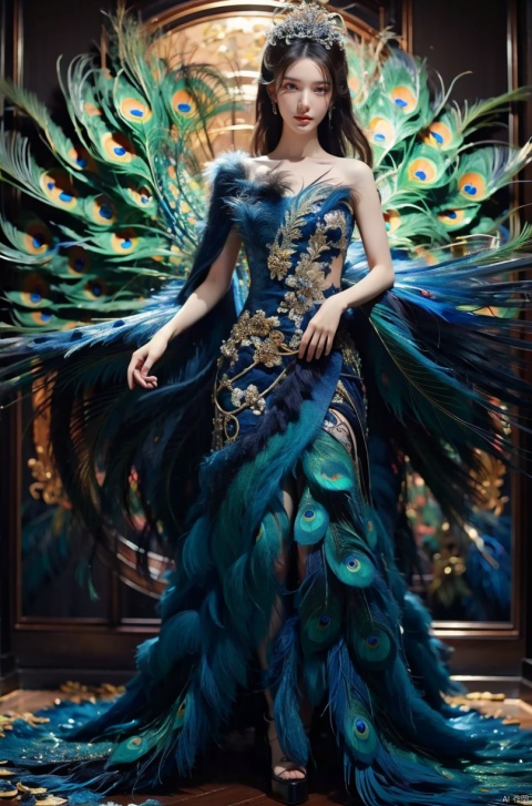  A majestic peacock princess in an indoor setting, under dim lighting with warm tones and play of light and shadow. The feathers are vibrant and detailed, reflecting her pride and confidence. The environment is mysterious, with decorations on the walls reflecting faint light, adding depth to the space. High quality image, full body shot, close up of the feathers, intricate details, sharp focus, dramatic lighting, warm tones, trending on ArtStation, trending on CGSociety, photorealistic painting art by Greg Rutkowski and Midjourney., jinchen, dress, Detail,red dress