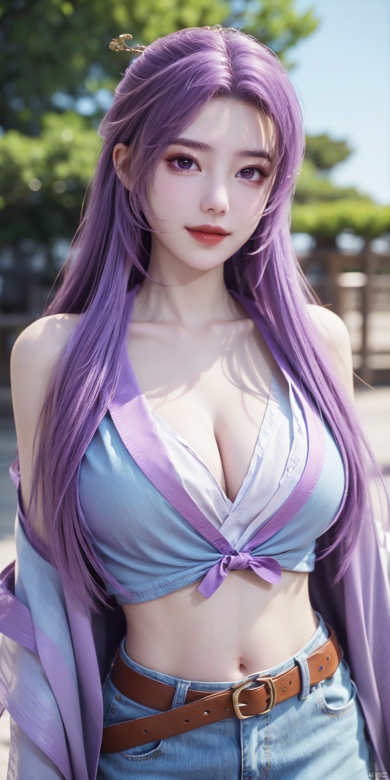  best quality, masterpiece, cowboy_shot,(Good structure), DSLR Quality,Depth of field,kind smile,looking_at_viewer,Dynamic pose,
 1girl, 3d, bare_shoulders, belt, blurry, blurry_background, blurry_foreground, branch, breasts, brown_eyes, brown_hair, collarbone, cosplay_photo, denim, denim_skirt, depth_of_field, hand_on_own_chest, lips, long_hair, looking_at_viewer, midriff, miniskirt, motion_blur, navel, outdoors, photo_\(medium\), realistic, skirt, solo, standing, tree, , yunxiao,purple_hair