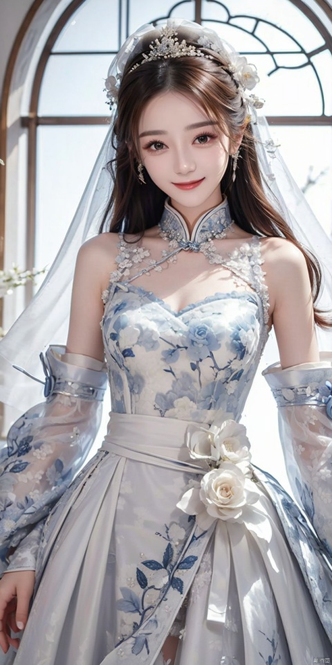 best quality, masterpiece, cowboy_shot,(Good structure), DSLR Quality,Depth of field,kind smile,looking_at_viewer,Dynamic pose, 
, 1girl, luxurious wedding dress, dreamy scene, white background, front viewer, looking at viewer, Flowers, romantic, Bride, Translucent white turban, UHD, 16k, , sparkling dress, , white stockings, , chinese dress,white dress,long hair,
chinese clothes,dress,white dress,floral print,china dress,blue dress,hanfu,long sleeves,print dress, , ,sleeveless dress,widesleeves, weddingdress, ,,kind smile, dililengba