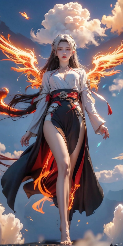 (Good structure), DSLR Quality, 1girl, 
(red fire,magic),(glowing eyes:1.3), 
chest,electricity, lightning,
white magic, aura,,
Front view,air,cloud,
backlight,looking at viewer,,white hair
very long hair,hair flowe

full_body,(bare feet,:1.2)(flying in the sky:1.6),(Stepping on the clouds:1.2),(Red Angel Wings:1.2), wings,  (\huo yan shao nv\), yunyun