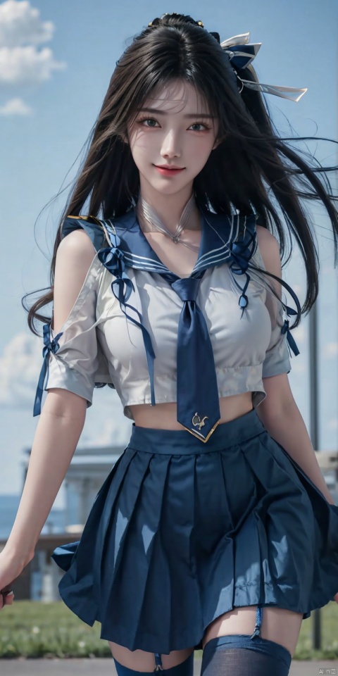 best quality, masterpiece, realistic,cowboy_shot,(Good structure), DSLR Quality,Depth of field,kind smile,looking_at_viewer,Dynamic pose, 
,  Wind, flowing hair, , Dynamic pose, , perfect body, Blue sky and white clouds, campus,
 sailor senshi uniform,blue bow,blue necktie,blue sailor collar,blueskirt, ,,blackpantyhose,jinpinger