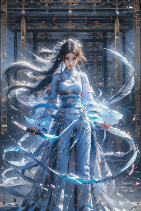  1 girl, solo, (upper body) female focal point, (Hanfu) (kimono) (skirt), blue long hair, (Chinese clothing) (blue eyes) (bright pictures) red lips, bangs, earrings, kimono, Chinese cardigan, print, tassels, (front view) (front view), sword (straight sword)
Elemental Whirlwind, Chinese Dragon_ Imagination__ Cloud winding_ Huoyun_ Dragon, Chinese architecture.
(Masterpiece), (very detailed CG Unity 8K wallpaper), the best quality, high-resolution illustrations, stunning, highlights, (best lighting, best shadows, a very exquisite and beautiful), (enhanced)·, liuyifei