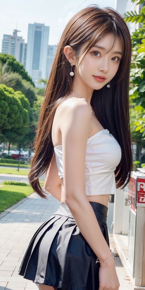  (Good structure),cowboy_shot, DSLR Quality,Depth of field ,looking_at_viewer,Dynamic pose, , kind smile,,
1girl, solo, long hair, , looking at viewer, skirt, hair ornament, bare shoulders, jewelry, , black hair, earrings, outdoors, midriff, water, necklace, lips, crop top, grey eyes, leaning forward, ocean, white skirt, strapless vest, sunset, sun, wangyushan