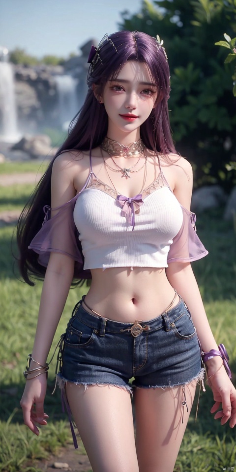  nai3, 1girl, shorts, solo, crop top, black shorts, choker, navel, shirt, midriff, crop top overhang, looking at viewer, white shirt, jewelry, breasts, cowboy shot, bare shoulders, short shorts, off-shoulder shirt, off shoulder, black choker, thighs, stomach, hand on own thigh, long hair, bracelet, short sleeves, ribbon, hand up, collarbone, hair ribbon, medium breasts, standing, high-waist shorts, dolphin shorts, bra strap, , hair ornament, thigh gap, necklace, expressionless, , , yunxi,purple hair,purple eyes,kind smile