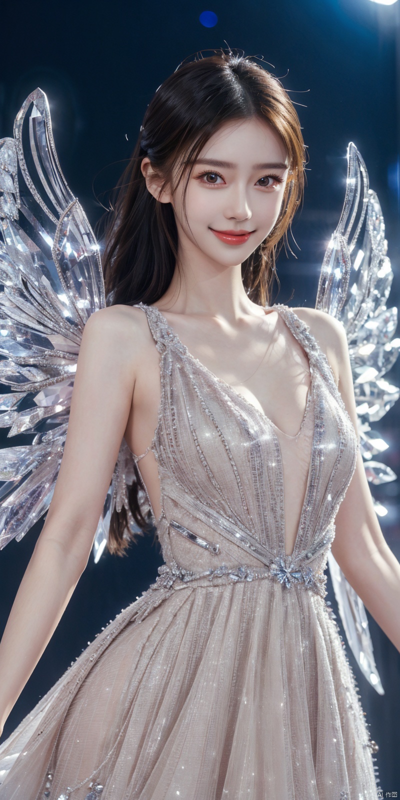  cowboy shot,(Good structure), DSLR Quality,Depth of field,kind smile,looking_at_viewer,Dynamic pose,,1 girl, , young, 8K, ultra fine, epic composition, ultra-high definition image quality, high quality, highest quality, , dress, crystal_dress , crystal , wings , 1girl, , , angel