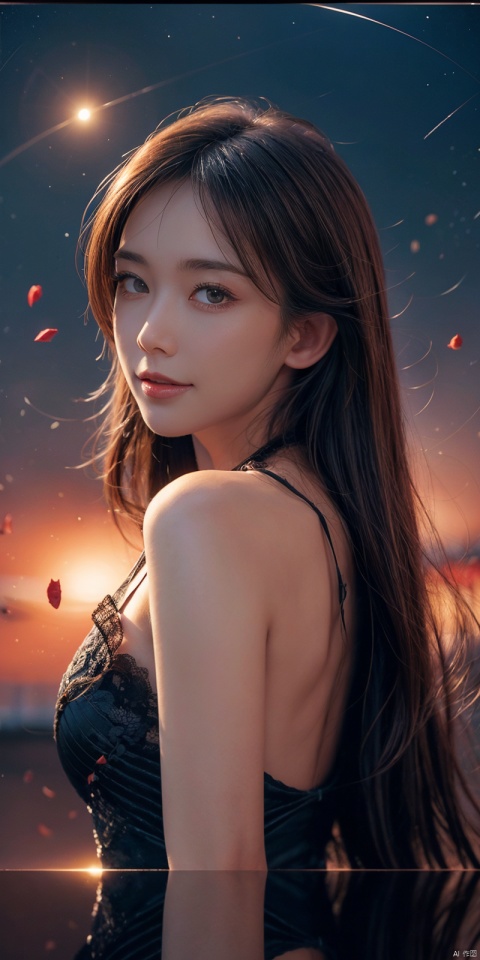  (Good structure), DSLR Quality,Depth of field ,looking_at_viewer,Dynamic pose, , kind smile,1girl ,
8k resolution, Masterpiece quality, High detail. from below,
Fantasy theme, cropped. {(1 girl:1.5),(close to viewer:1.8), ((looking at viewer:2), beautiful face, ), ((worm's eye shot:1.2)),perspective distortion}, (Panoramic view, fisheye lens effect:1.1). 
{(Strong backlighting, underexposure:1.4), (blocked shadows:0.8), depth of field(at 100mm focal length:1.2)}, (horizon:0.7), low key earth.
the starry sky feathering into the background, creating a sense of depth and gradient. Incorporating Droste Effect(an endless repetition and reflection:1.2). 
Surrounded by fluttering rose petals, reflected or casting dramatic shadows and highlights, {(meteor shower, planets:1.1), (Vermilion Comet:1.3)}. mesmerizing effect, a dreamlike ambiance of infinity. A vortex of rose petals, a starry sky vortex, , as, vortex, tyjf, , , linzhiling