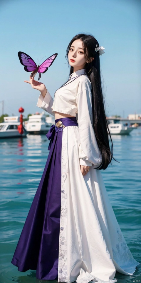  line art,line style,as style,best quality,masterpiece, The image features a beautiful anime-style illustration of a young woman. She has long black hair and is dressed in a traditional Chinese outfit. The outfit consists of a white top with blue and purple accents, a long skirt, and a butterfly-shaped mirror in her hand. She stands against a backdrop of a clear blue sky and a body of water, with butterflies fluttering around her. AI painting pure tag structure: anime, art, illustration, traditional clothes, blue, white, long hair, black hair, butterfly, mirror, sky, water, dililengba