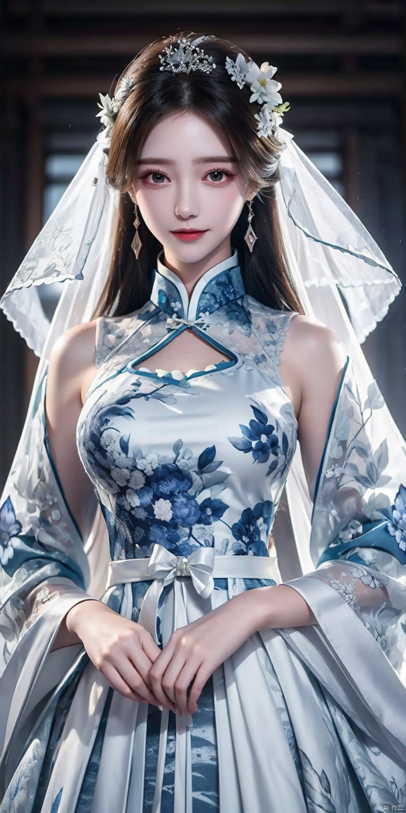  cowboy shot,(Good structure), DSLR Quality,Depth of field,kind smile,looking_at_viewer,Dynamic pose,,masterpiece, The best quality, 1girl, luxurious wedding dress, dreamy scene, white background, front viewer, looking at viewer, Flowers, romantic, Bride, Translucent white turban, UHD, 16k, , sparkling dress, , white stockings, , chinese dress,white dress,long hair,
chinese clothes,dress,white dress,floral print,china dress,blue dress,hanfu,long sleeves,print dress,robe,skirt,sleeveless dress,widesleeves, weddingdress, , ((poakl)),,, liushen
