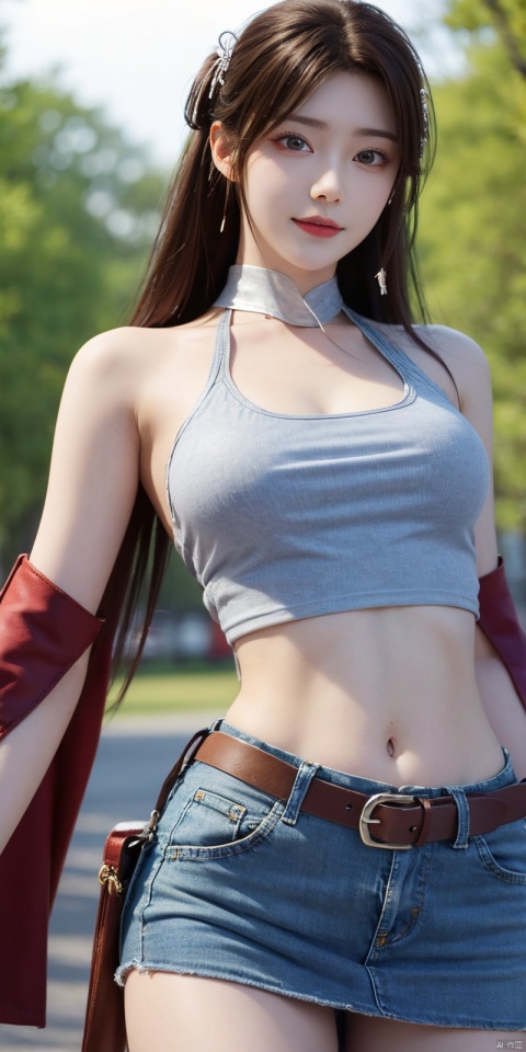  best quality, masterpiece, cowboy_shot,(Good structure), DSLR Quality,Depth of field,kind smile,looking_at_viewer,Dynamic pose,
 1girl, 3d, bare_shoulders, belt, blurry, blurry_background, blurry_foreground, branch, , , , collarbone, cosplay_photo, denim, denim_skirt, depth_of_field, , lips, long_hair, looking_at_viewer, midriff, miniskirt, motion_blur, navel, outdoors, photo_\(medium\), realistic, skirt, solo, standing, tree, , , , , huolinger