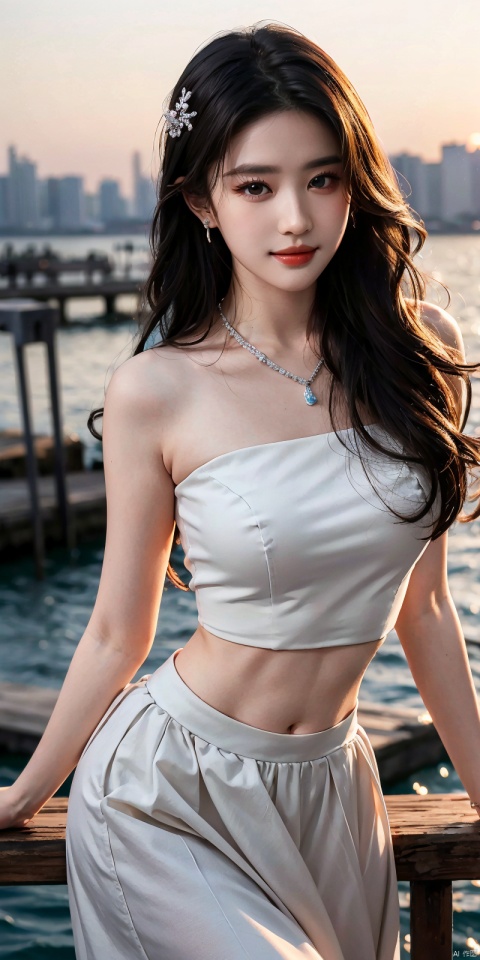  (Good structure),cowboy_shot, DSLR Quality,Depth of field ,looking_at_viewer,Dynamic pose, , kind smile,,
1girl, solo, long hair, , looking at viewer, skirt, hair ornament, bare shoulders, jewelry, , black hair, earrings, outdoors, midriff, water, necklace, lips, crop top, grey eyes, leaning forward, ocean, white skirt, strapless vest, sunset, sun, ,  liuyifei