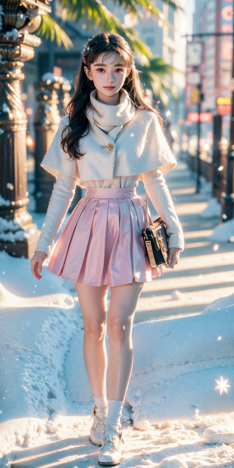  1 girl,Transparent skirt,pink face,stockings,(snow:1.2),(snowing:1.2),peach blossom,snow,solo,scarf,pink hair,smile,long hair,bokeh,realistic,long coat,blurry, captivating gaze, embellished clothing, natural light, shallow depth of field, romantic setting, dreamy pastel color palette, whimsical details, captured on film,. (Original Photo, Best Quality), (Realistic, Photorealistic: 1.3), Clean, Masterpiece, Fine Detail, Masterpiece, Ultra Detailed, High Resolution, (Best Illustration), (Best Shadows), Complex, Bright light, modern clothing, (pastoral: 1.3), smiling,standing,(very very short skirt:1.5),knee socks,(white shoes: 1.4),long legs, forest, grassland,(view: 1.3), 21yo girl, striped, , capricornus, 1girl, light master, Light master, ((poakl)), , heben