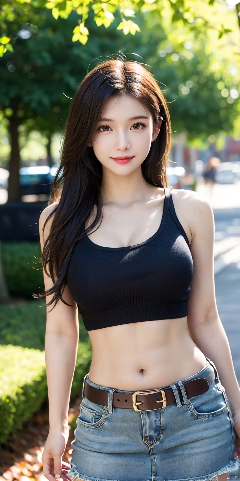  best quality, masterpiece, cowboy_shot,(Good structure), DSLR Quality,Depth of field,kind smile,looking_at_viewer,Dynamic pose,
 1girl, 3d, bare_shoulders, belt, blurry, blurry_background, blurry_foreground, branch, , , , collarbone, cosplay_photo, denim, denim_skirt, depth_of_field, , lips, long_hair, looking_at_viewer, midriff, miniskirt, motion_blur, navel, outdoors, photo_\(medium\), realistic, skirt, solo, standing, tree, , , , , , tifa lockhart