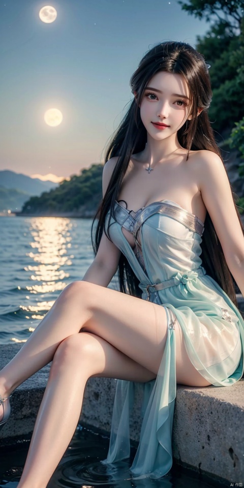  cowboy_shot,(Good structure), DSLR Quality,Girl, bare legs, black hair, (light green strapless tulle dress) , crossed legs, clothes, earth (planet) , Meteor, beautiful night sky, flowers, full moon, lake, lips, long hair, moon, night, ocean, petals, planet, coast, sitting, feet soaked, solo, very long hair, water, , kind smile, 1girl, dress, ((poakl)), luxueqi