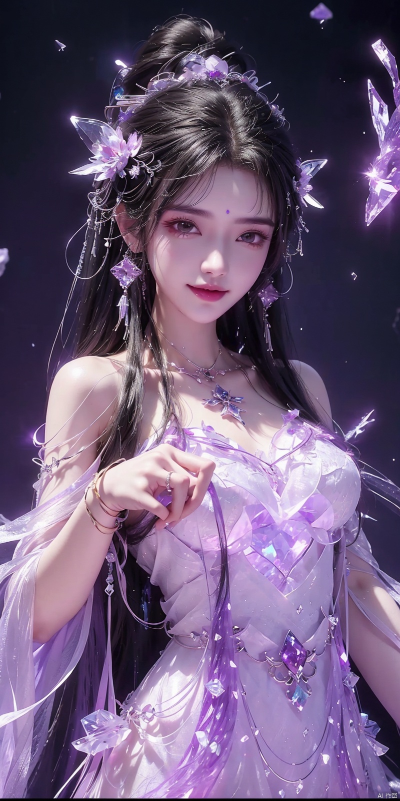  (Good structure),cowboy_shot, DSLR Quality,Depth of field ,looking_at_viewer,Dynamic pose, , kind smile,
1 girl,(Purple light effect),hair ornament,jewelry,looking at viewer, (\meng ze\), wangyushan, dofas,(ultra-detailed crystallization),transparent crystals, qingyi