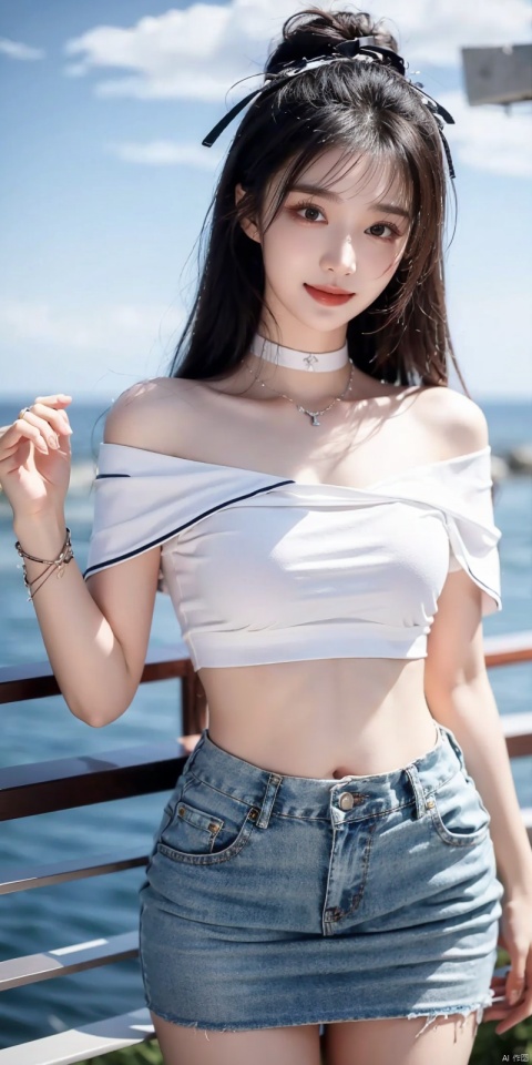  cowboy_shot,(Good structure), DSLR Quality,Short skirt,Blue sky, white clouds, ocean, nai3, 1girl, solo, crop top, , choker, navel, shirt, midriff, crop top overhang, looking at viewer, white shirt, jewelry, breasts, bare shoulders, off-shoulder shirt, off shoulder, black choker, thighs, stomach, long hair, bracelet, short sleeves, ribbon, hand up, collarbone, hair ribbon, medium breasts, , bra strap, , hair ornament, thigh gap, necklace, expressionless, , ,kind smile, , , ,wangchuran