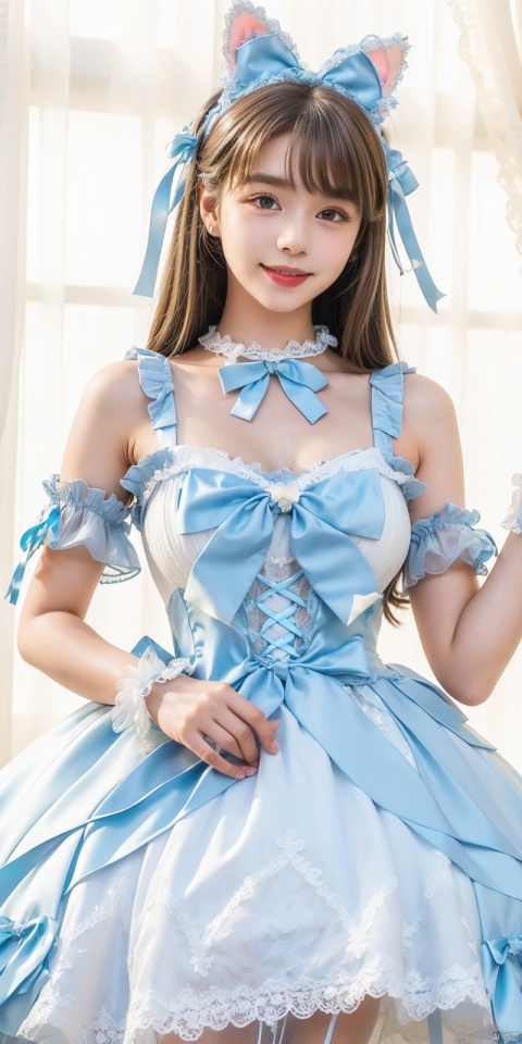  (Good structure), DSLR Quality,,,Girl, bare shoulders,  , boobs, bow tie, brown eyes, cat ears, collar, ((Lolita Dress: 1.4)) , blue and white Lolita dress, wrinkled leg outfit, hand-held, lips, nose, shoulders, , alone,  , kind smile, looking at the audience, white leg costume, wrist cuffs, 1girl,,looking_at_viewer, lolidress, ,, youna,