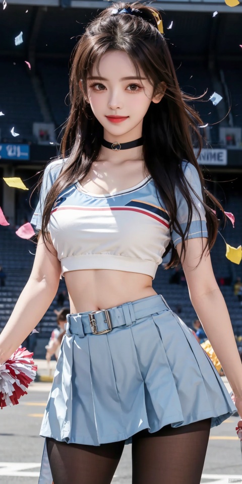 (Good structure), DSLR Quality,Depth of field,kind smile,looking_at_viewer,Dynamic pose, 
1girl, pom pom (cheerleading), stadium, breasts, cheerleader, holding pom poms, navel, skirt, brown hair, crop top, ahoge, confetti, cleavage, solo, , smile, looking at viewer, large breasts, DSLR, (Good structure), HDR, UHD, 8K, A real person,midriff, blurry, blurry background, choker, blush, brown eyes, open mouth, collarbone, outdoors, holding, pleated skirt, belt, short sleeves, shirt, bangs, shorts, miniskirt, shorts under skirt, blue shirt, long hair, white skirt, yellow belt, bike shorts under skirt, yangchaoyue, blackpantyhose