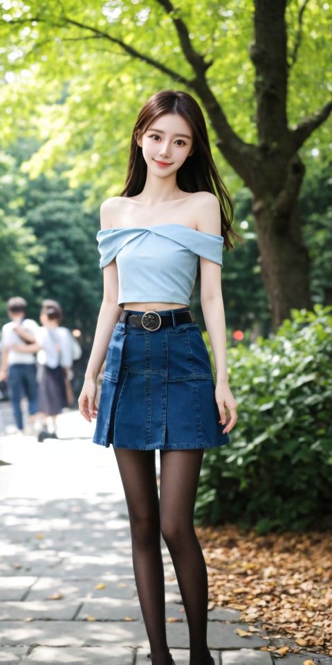  best quality, masterpiece, full_body,(Good structure), DSLR Quality,Depth of field,kind smile,looking_at_viewer,Dynamic pose,
 1girl, 3d, bare_shoulders, belt, blurry, blurry_background, blurry_foreground, branch, , , , collarbone, cosplay_photo, denim, denim_skirt, depth_of_field, , lips, long_hair, looking_at_viewer, midriff, miniskirt, motion_blur, navel, outdoors, photo_\(medium\), realistic, skirt, solo, standing, tree, , , , blackpantyhose, , , , , , angel
