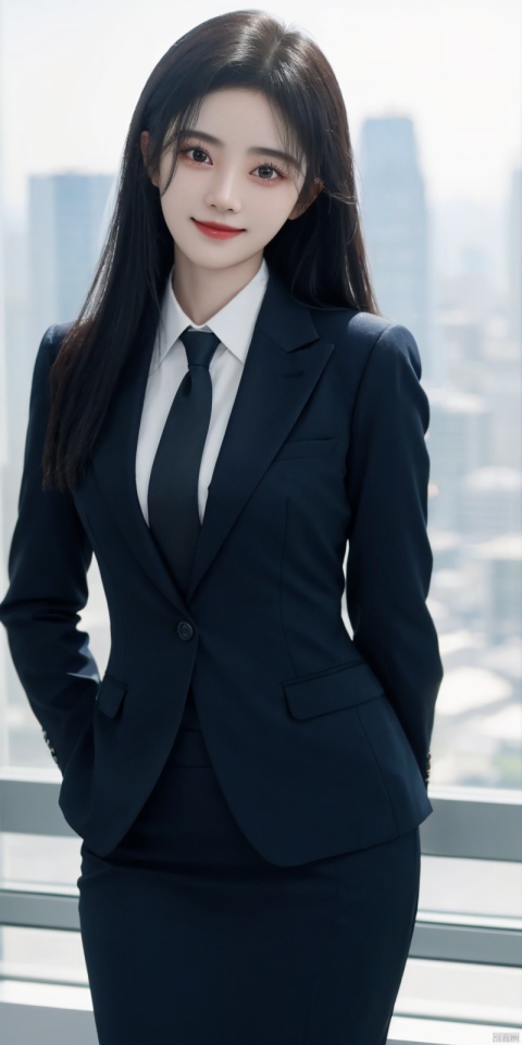 best quality, masterpiece, cowboy_shot,(Good structure), DSLR Quality,Depth of field,kind smile,looking_at_viewer,Dynamic pose, 
Modern businesswoman, dressed in a sleek suit and tie, posing confidently in a modern office setting, cityscape view through the window, focused expression, powerful pose, professional attire, realistic lighting, sharp focus.,  jujingyi