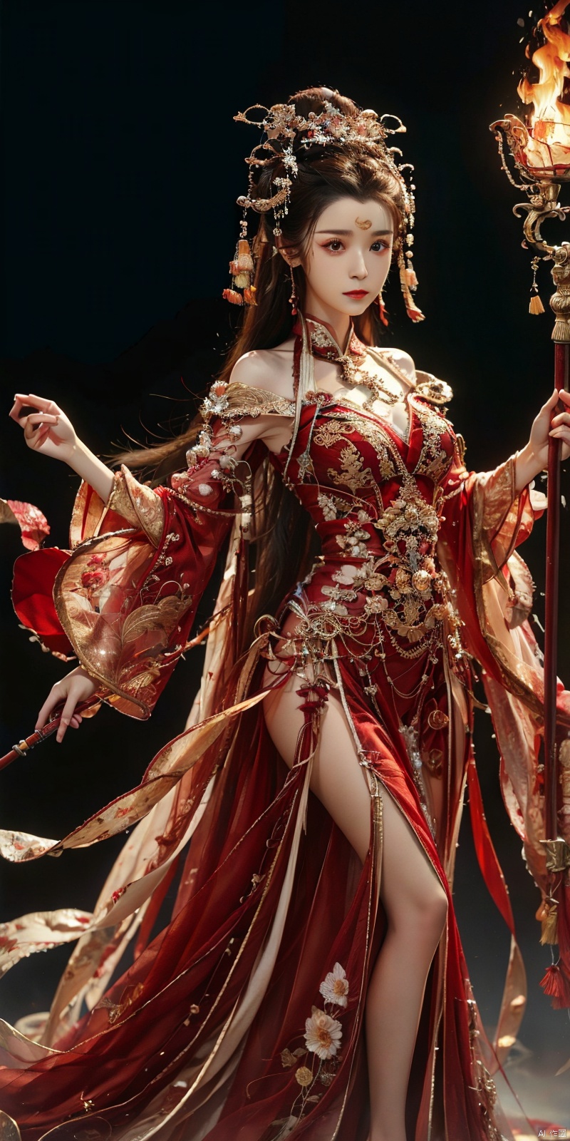   cowboy_shot,(Good structure), DSLR Quality,Depth of field,kind smile,looking_at_viewer,Dynamic po,masterpiece, official art, extremely detailed cg unity 8k wallpaper, highly detailed, absurdres, 8k resolution, 1girl, long hair, solo, black hair, dress, holding, fire, white dress, staff, barefoot, jewelry, dark skin, long dress, breasts, weapon, full body, polearm, holding staff, bracelet, looking at viewer, dark-skinned female, standing, torn clothes, blood, spear, holding weapon, medium breasts, floating hair, closed mouth, embers, holding polearm , depth of field, panorama, cinematic lighting, ray tracing, ((poakl)), chineseclothes, hanikezi